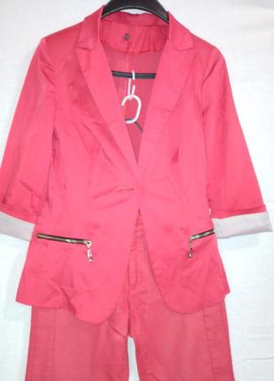 Стильный комплект коралловый брюки и пиджак костюм штаны стрейч под кожу фирменный набор3 фото