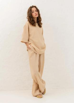 Летний костюм льняной жатка свободного кроя с широкими брюками 42-52 размеры разные цвета