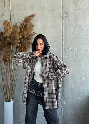 Бежева картата сорочка у клітинку оверсайз бавовна фланель преміум хс с м л 42 44 46 48