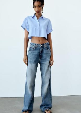 Блакитна вкорочена поплінова сорочка зара zara m