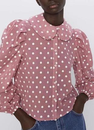 Рубашка в вышитый горошек с красивым скругленным воротничком во французском стиле zara