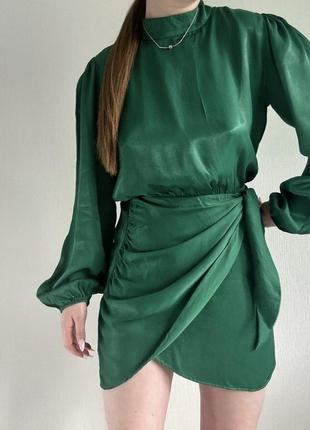Атласное платье zara / изумрудное платье/ вечернее платье / мини платье