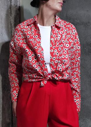 Рубашка оверсайз свободного кроя красная принт цветы цветочная сорочка оверсайз червона квіти квіточная