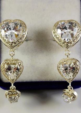 Новые очаровательные серьги сердечки серебро 925 пробы циркон, фианиты