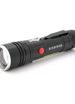 Ліхтарик bailong bl-26+cob, zoom, 3 режими, алюміній, компас, акум 18650, usb кабель, магніт, сзу, box