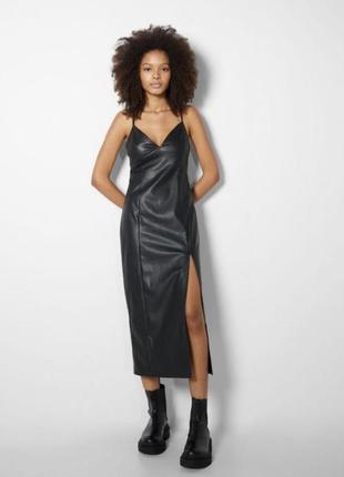 Вечерний черный кожаный длинный сарафан в пол zara s (40-42) эко кожа