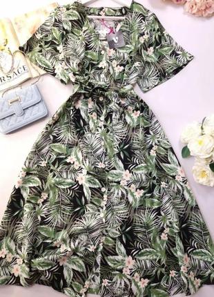 Изысканное платье миди в листья тропический принт пальмы xl-xxl 50-52