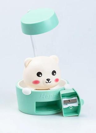 Детская настольная лампа светильник с точилкой для карандашей "медвежонок" голубая