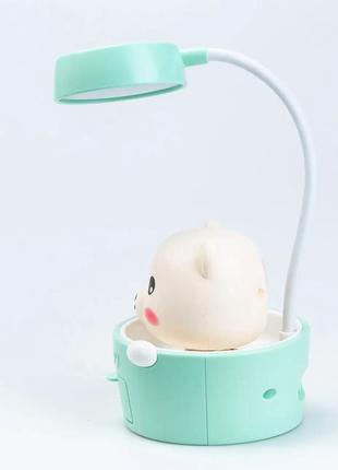 Детская настольная лампа светильник с точилкой для карандашей "медвежонок" голубая