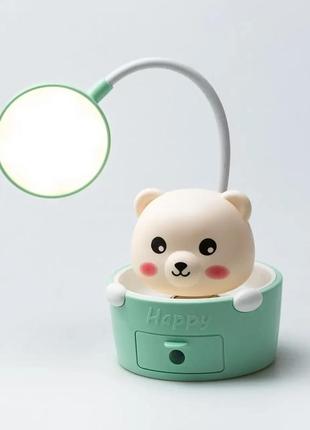 Детская настольная лампа светильник с точилкой для карандашей "медвежонок" голубая