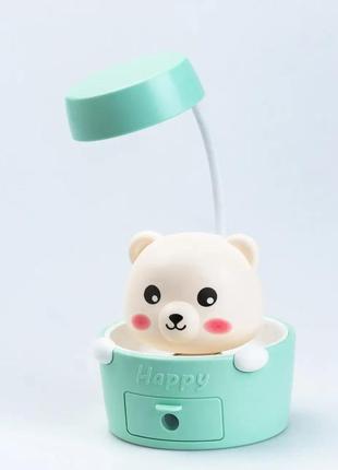 Детская настольная лампа светильник с точилкой для карандашей "медвежонок" голубая
