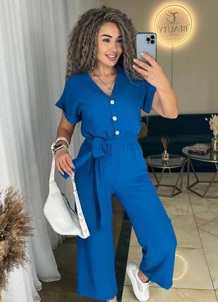 Брючный комбинезон костюм женский летний на лето деловой базовый легкий повседневный синий зеленый хаки черный красный лиловый батал