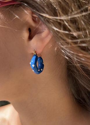 Селін сережки сині яскраві з дрібними перлами/сині сережки селін із перлами/срібні кільця