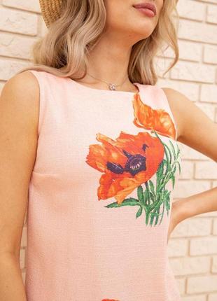 Коротке плаття з льону, з квітами маки, колір персиковий, 172r019-15 фото