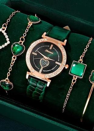Жіночий годинник shaarms с зеленим ремінцем з екошкіри + набір біжутерії.