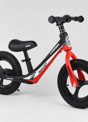 Велобіг дитячий з надувними колесами, магнієвою рамою та магнієвими дисками + підніжка corso black/red (99982)