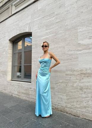 Платье длинное шёлковое на тонких бретельках с корсетной шнуровкой вечернее комбинация...