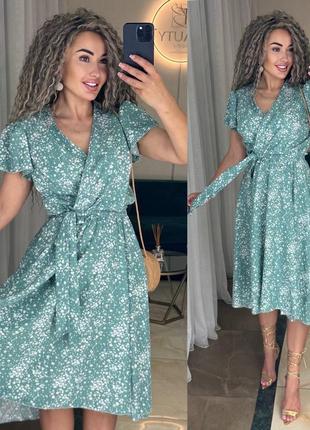 Сукня міді з пишною спідницею сонце розкльошене бебі дол baby doll з декольте на запах чорне синє біле блакитне малинове бірюзове м'ятне у квітку