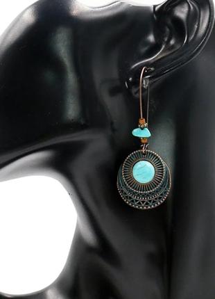 Винтажные двойные круглые серьги-кольца с подвесками для женщин, этнические, бохо, кантри с элементами бирюзи