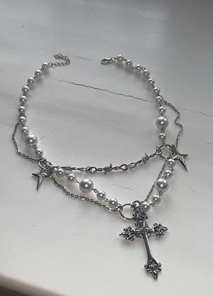 Y2k подвеска с жемчужинами и крестом