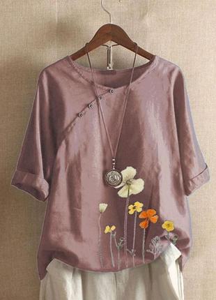 Блузка лен жатка цветы 48-64 р-р