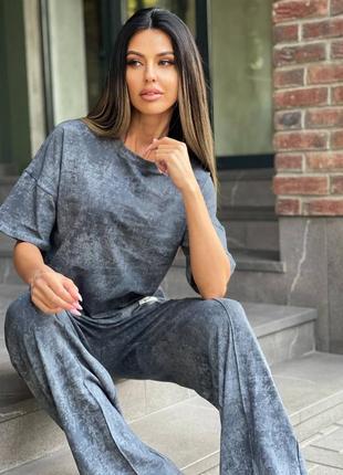 Костюм варенка спортивный женский хлопковый кулир синий черный серый комплект прямые...