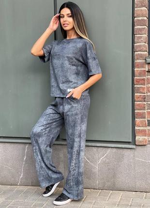 Костюм варенка спортивный женский хлопковый кулир синий черный серый комплект прямые...