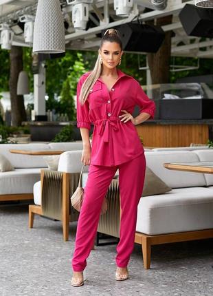 Літній брючний костюм штани на резинці сорочка з накладною кишенею куліскою на талії рукав 3/4