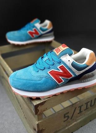 Жіночі кросівки | new balance 574 | бірюзові з червоним на білій | замша, :384 фото