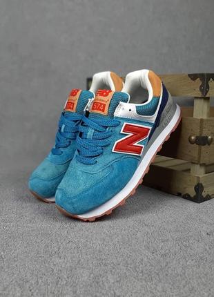 Жіночі кросівки | new balance 574 | бірюзові з червоним на білій | замша, :382 фото