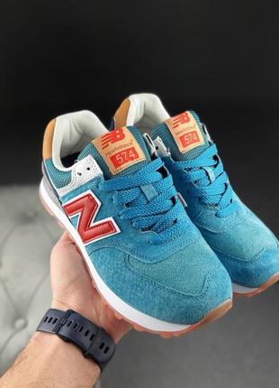 Жіночі кросівки | new balance 574 | бірюзові з червоним на білій | замша, :387 фото