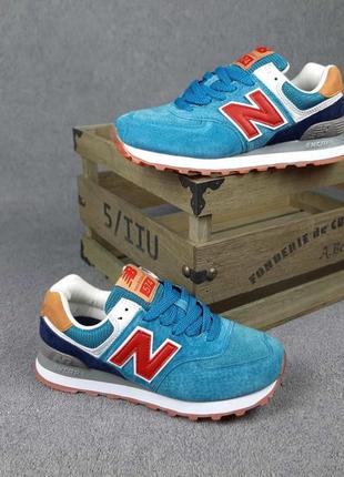 Жіночі кросівки | new balance 574 | бірюзові з червоним на білій | замша, :383 фото