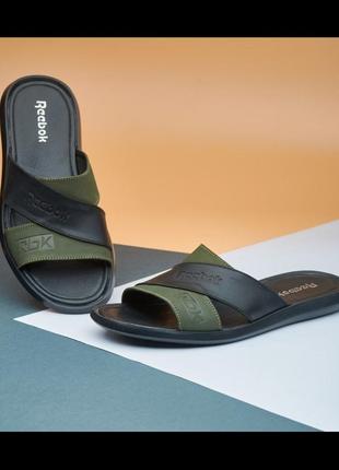 Чоловічі шкіряні шльопанці - сланці з логотипом reebok, мужские шлёпанцы с натуральной кожи
