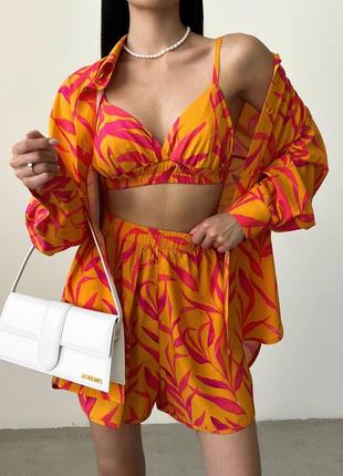 Женский качественный летний яркий костюм в пижамном стиле гавайская рубашка шорты и топ