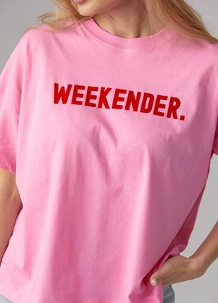 Женская трикотажная футболка с надписью weekender - розовый цвет, l (есть размеры)4 фото