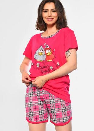 Клітчата піжама-двійка з принтом пташки / шорти і футболка