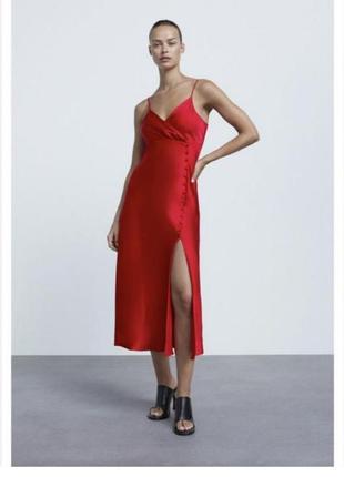 Сатиновое красное платье zara