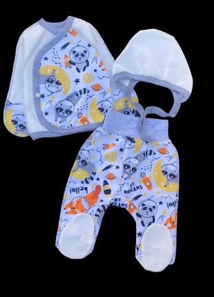 Комплект 3в1: распашонка, ползунки, шапочка "принт", футер тм happy (рубашка с ползунками и шапочкой)