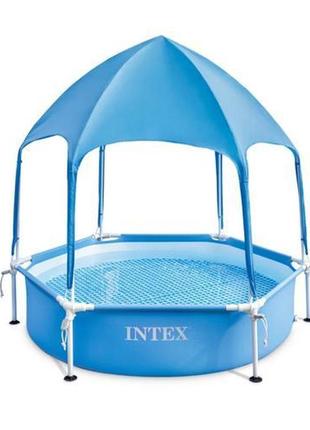 Каркасный бассейн для детей синего цвета с навесом intex диаметр 183 см высота 38 см. || kilometr+