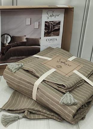 Плед льняной с кисточками 220 на 240 см с наволочками saheser бежевый