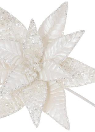 Декоративный цветок пуансеттия с жемчужными бусинами и глиттером 25см, ножка 50см, цвет - белый перламутр
