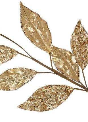 Декоративна гілка листя з перлинними намистинами та гліттером 70см, колір - золото. 333-593 - 12 шт упаковка товар від виробника
