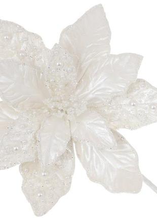 Декоративный цветок пуансеттия с жемчужными бусинами и глиттером 26см, ножка 50см, цвет - белый перламутр