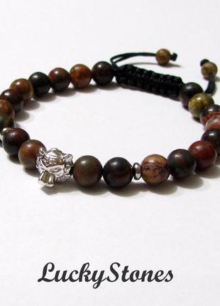 Мужской браслет из яшмы и бусина лев.