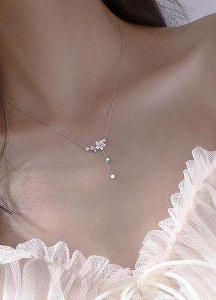 Підвіска сакура з рожево-білими квітами, ніжна прикраса, срібне покриття 925 проби, довжина 39+5 см