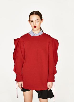 Красное платье туника свитшот батник длинный рукав разрез волан zara хлопок коттон