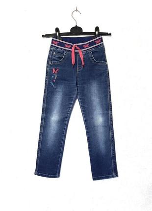 Forty jeans co джинсы синие c трикотажной резинкой розовые бабочки машинная вышивка на девочку 6-7-8