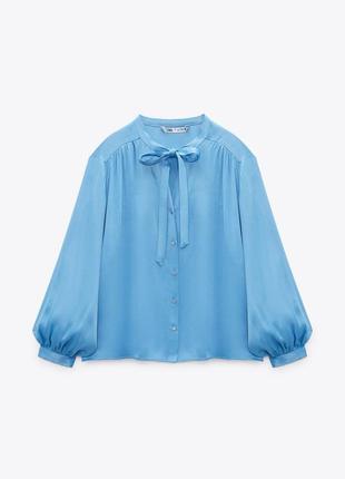 Zara сатиновая рубашка небесно голубого цвета7 фото