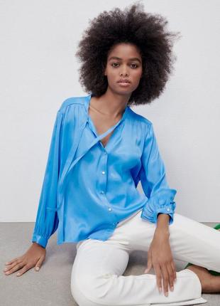 Zara сатиновая рубашка небесно голубого цвета2 фото