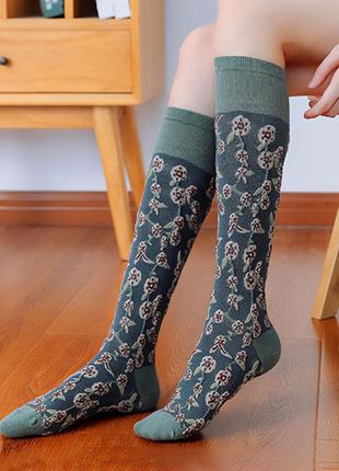 Шкарпетки 36-41 розміри квітковий принт 3707 кольорові зелені довгі носки бавовняні гольфи сині